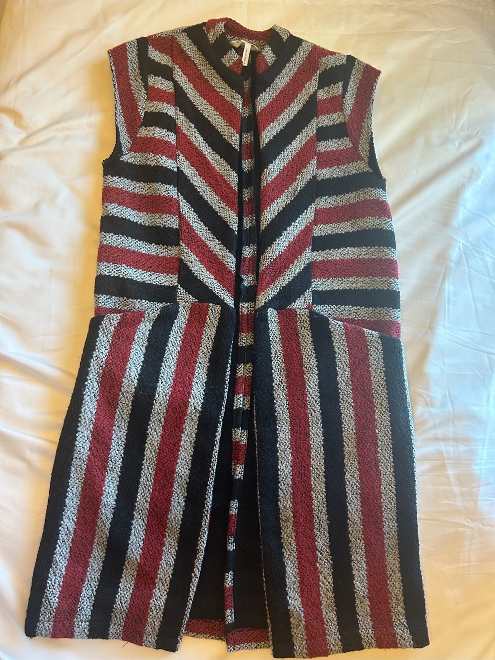BCBGeneration Striped Knit long vest in Black, Red & Gray